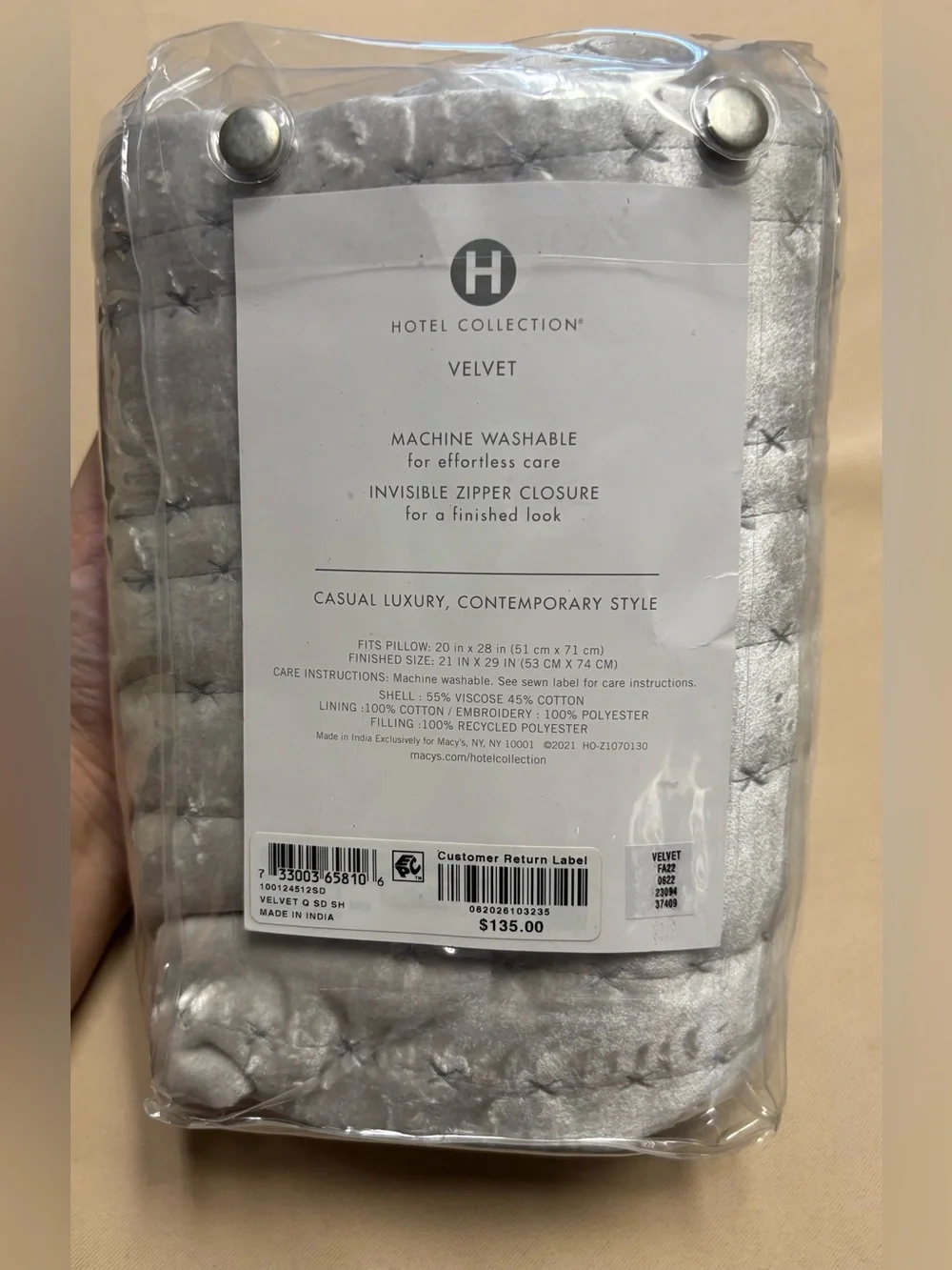 NEW Hotel Collection Quilted Standard Pillow Sham Silver Velvet Set of 1 READ